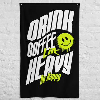 Motivational gym flags about coffee and lifting weights