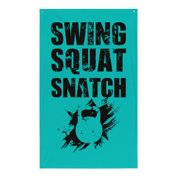 A rectangular gym flag with a teal background featuring the text 'SWING SQUAT SNATCH' in bold capital letters along with an illustration of a kettlebell.